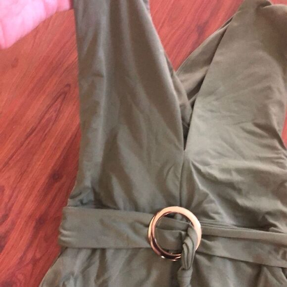 NEW Time and Tru Olive green, one piece, low-cut, bathing suit, gold ring, size - Picture 2 of 6